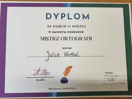 III miejsce w Gminnym Konkursie - Mistrz Ortografii